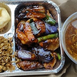 Shanghai Osaka - Shrimp with Eggplant Luncheon Special with hot & sour soup, 2 crab rangoons, and pork fried rice