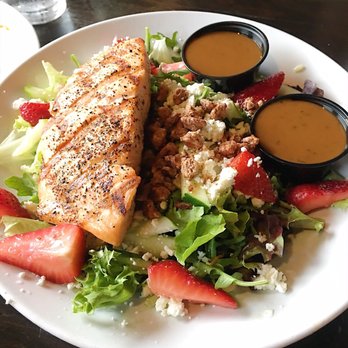 The Whiskey Kitchen - Strawberry Fields (greens, candied pecans, strawberries, bleu cheese, vinaigrette dressing.) I said no onions & added salmon. - Gastropubs Near Me - Virginia Beach, Virginia The Whiskey Kitchen - Strawberry Fields (greens, candied pecans, strawberries, bleu cheese, vinaigrette dressing.) I said no onions & added salmon. - Gastropubs Near Me - Virginia Beach, Virginia