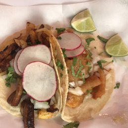Al pastor taco & chicharron con chili taco - yum!! Al pastor taco & chicharron con chili taco - yum!!