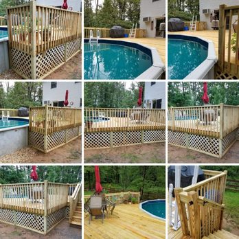 Pat Mckee Contracting - a collage of photos of a pool deck - Decks & Railing Near Me