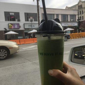 7 TEA - Boba shop in the background    Matcha Mango Milk Tea - after shaking.  It is supposed to be three colors - Coffee & Tea Near Me - Pasadena, California