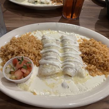 Victor's Mexican Grille - Sour cream enchiladas w double rice and pico - Seafood Near Me - Katy, Texas