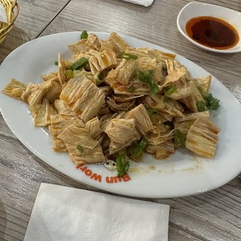 Bun World - Tofu skin salad. 10/10 (has Szechuan oil that makes it numbing spicy). - Chinese Near Me - Anaheim, California Bun World - Tofu skin salad. 10/10 (has Szechuan oil that makes it numbing spicy). - Chinese Near Me - Anaheim, California
