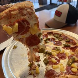 Everything slides off the pizza.
