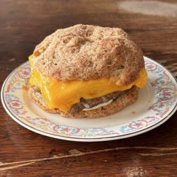 Yeobo - "The Basic" gluten free breakfast sandwich with egg, cheese, sausage and aioli