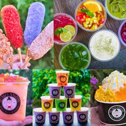 Colorful drinks and desserts from Sumo Snow, including boba, slushies, matcha, smoothies, Vietnamese coffee, Bingsoo, and Korean Corn Dogs