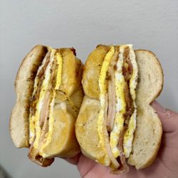 Bagel Loops - WOW! Turkey, eggs, cheese and Turkey bacon on a toasty plain bagel!!!!