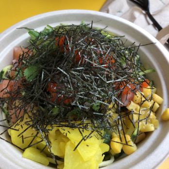 Poki DC - Salmon & yellow tail + corn, masago, pickled radish, seaweed salad, edamame, zu noodles, mango sauce, a splash of ponzu & dried seaweed - Poke Near Me - Gaithersburg, Maryland Poki DC - Salmon & yellow tail + corn, masago, pickled radish, seaweed salad, edamame, zu noodles, mango sauce, a splash of ponzu & dried seaweed - Poke Near Me - Gaithersburg, Maryland