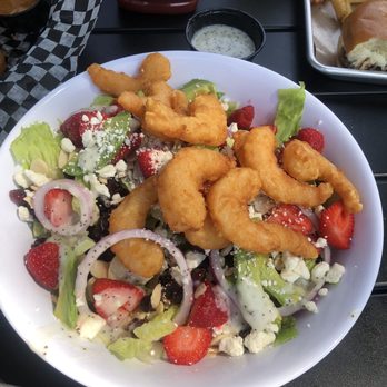Hot's Point - Strawberry salad with fried shrimp.  Very large and deep bowl - New American Near Me - Sodus point, New York