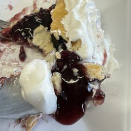 a piece of cake with whipped cream and blueberry sauce