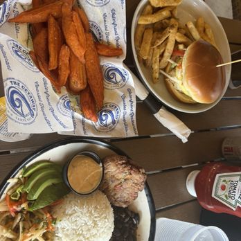 The Getaway - Crab Cake Bowl, side of sweet potato fries, chicken sandwich - Burgers Near Me - Saint Petersburg, Florida