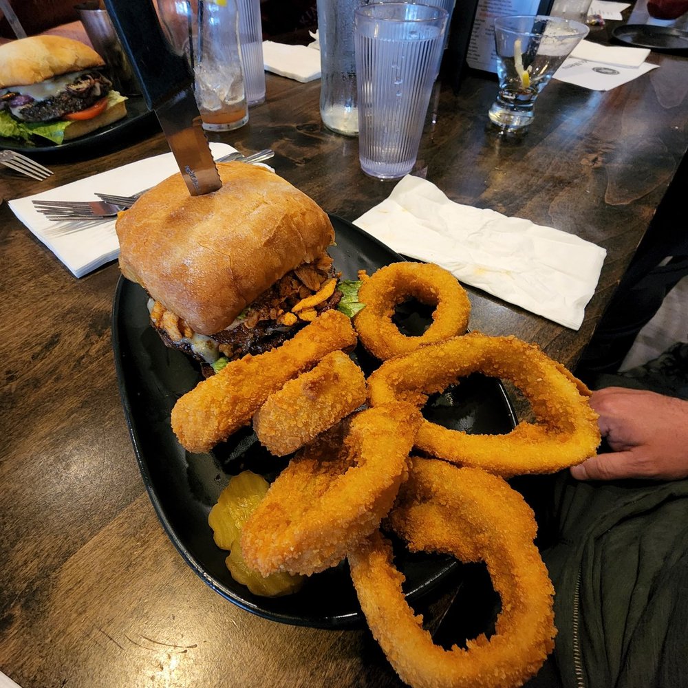 Big  House Brew Pub - Angry Pub Burger and onion rings - Pubs Near Me - Walla Walla, Washington