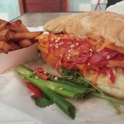 Rolld Vietnamese - BBQ chicken bánh mì with a side of sweet potato fries and iced tea