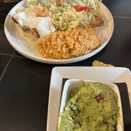 Chicken Chimichangas with rice and a Guacamole Dip