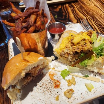 The Copper Shark - Half of the Copper Burger and Half of the Oyster Po' Boy. - Cocktail Bars Near Me - Baltimore, Maryland