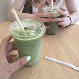 Matcha latte with vanilla syrup & a strawberry matcha latte w/ oat milk Matcha latte with vanilla syrup & a strawberry matcha latte w/ oat milk