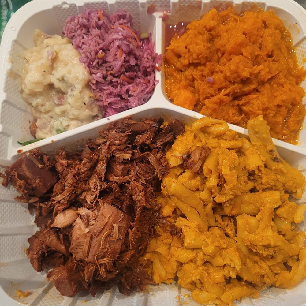 Stuff I Eat - Soul food platter- potato salad, yams, BBQ jackfruit, Mac n cheese wasn't sure about the pinkish side but it was good - Vegan Near Me - Inglewood, California Stuff I Eat - Soul food platter- potato salad, yams, BBQ jackfruit, Mac n cheese wasn't sure about the pinkish side but it was good - Vegan Near Me - Inglewood, California