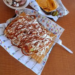 Chicharron preparado, nachos and a crazy basket (double scoop ice cream in a waffle bowl)