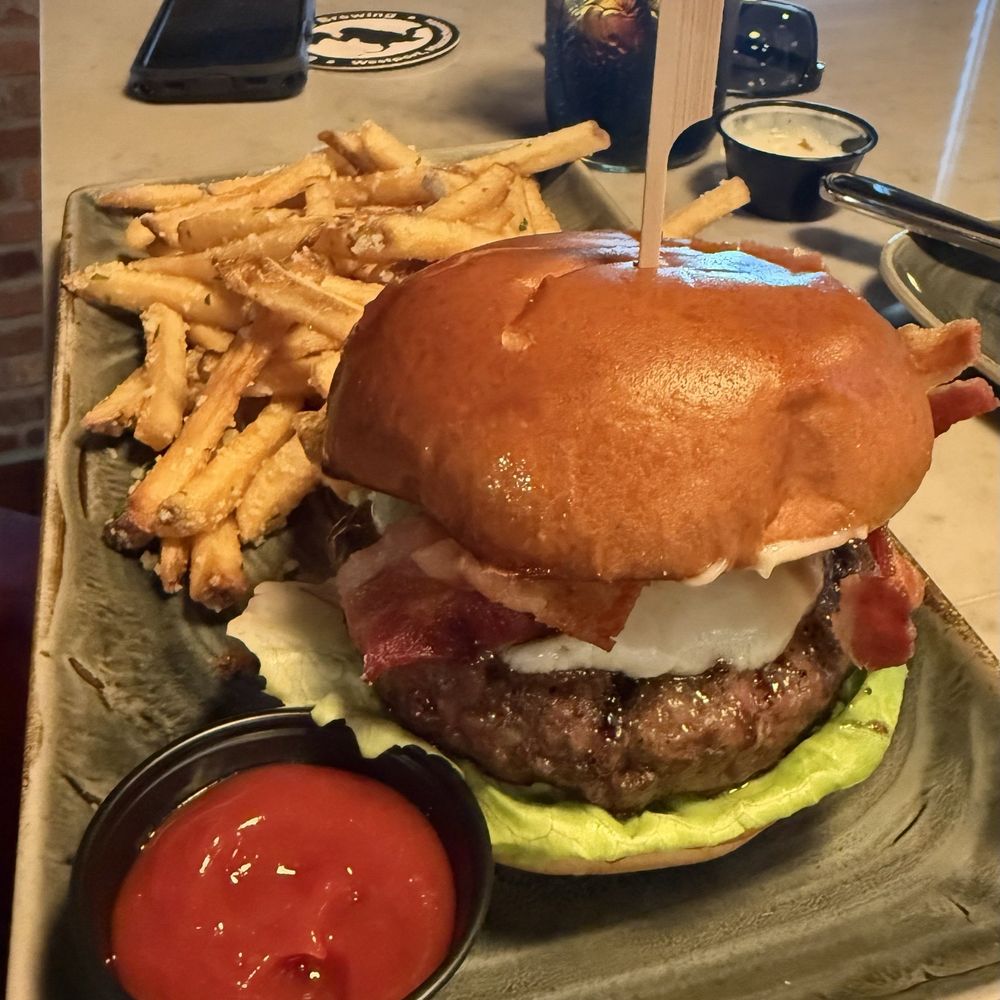 The Rookery Pub - Black and blue burger with truffle fries - Pubs Near Me - Swansea, Massachusetts