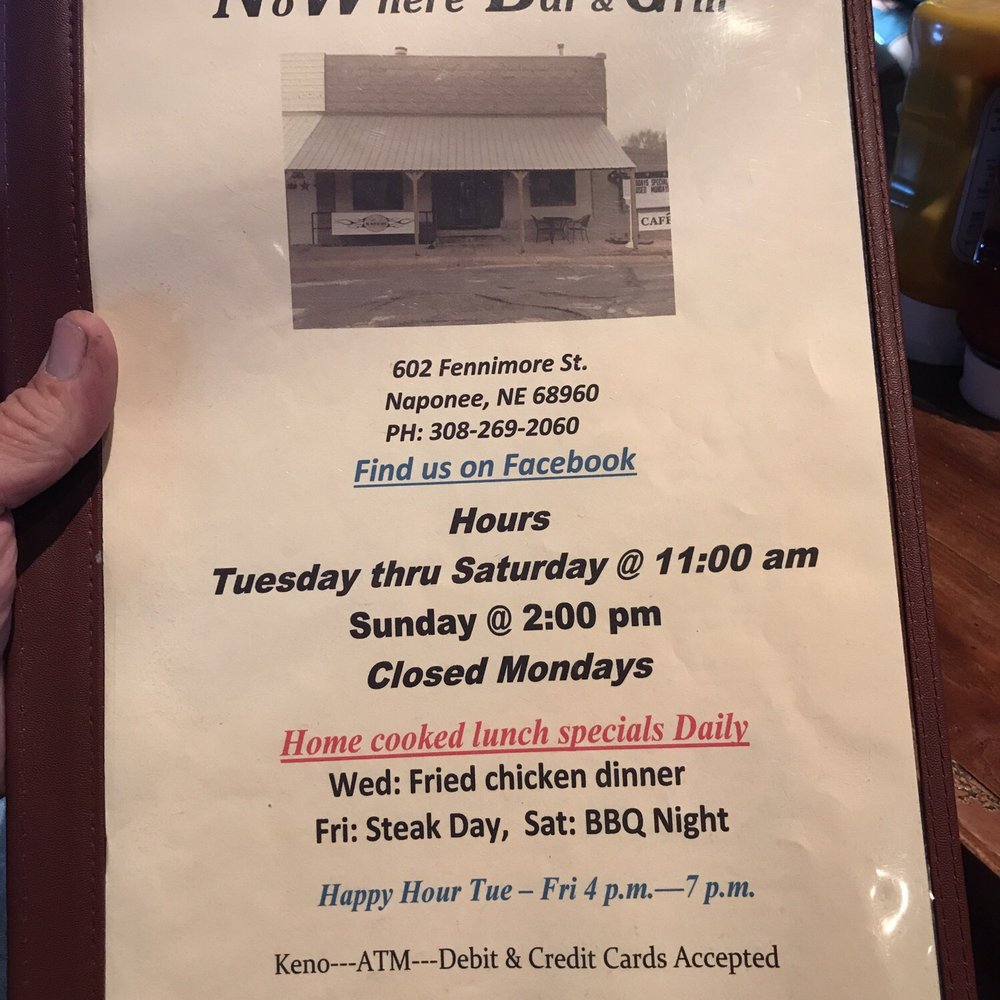 No Where Bar & Grill - Front of menu - Bars Near Me - Naponee, Nebraska