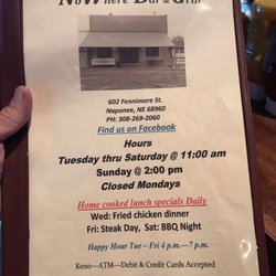 No Where Bar & Grill - Front of menu