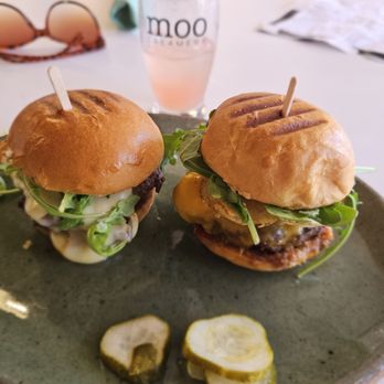 Moo Creamery - Gluten-free sliders. One is a PB&b, and the other is a mushroom gruyere. Absolutely fantastic - Burgers Near Me - Bakersfield, California Moo Creamery - Gluten-free sliders. One is a PB&b, and the other is a mushroom gruyere. Absolutely fantastic - Burgers Near Me - Bakersfield, California