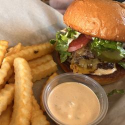 Surfhouse Pub & Cafe - Smash burger and crinkle fries. Pretty good.