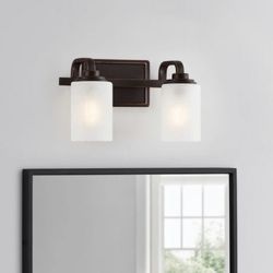 BidClover - Hampton Bay Hartford Lake 13.75 in. 2-Light Oil Rubbed Bronze Rustic Farmhouse Bathroom Vanity Light with Linen Glass Shades