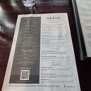 The Tap - Limited menu pt 2 - A printed menu from The Tap in West Lafayette listing crafted cocktails, shareables, salads, and taco options, with prices and descriptions. - Brewpubs Near Me - West Lafayette, Indiana
