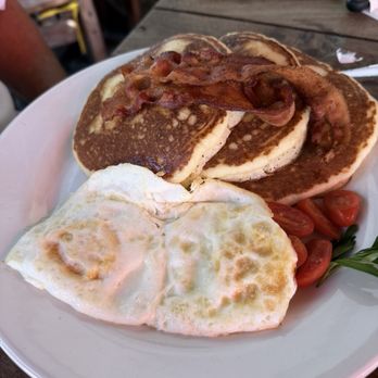 Cafe Mogagua - Farmers Breakfast - 3 pancakes, two eggs, bacon - Mexican Near Me - Isla Mujeres, ROO Cafe Mogagua - Farmers Breakfast - 3 pancakes, two eggs, bacon - Mexican Near Me - Isla Mujeres, ROO