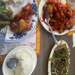 Mongolian beef and sweet and sour chicken.
