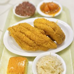 Esther's Cajun Café & Soul Food - Freshly Fried Fish with red beans and rice and cornbread