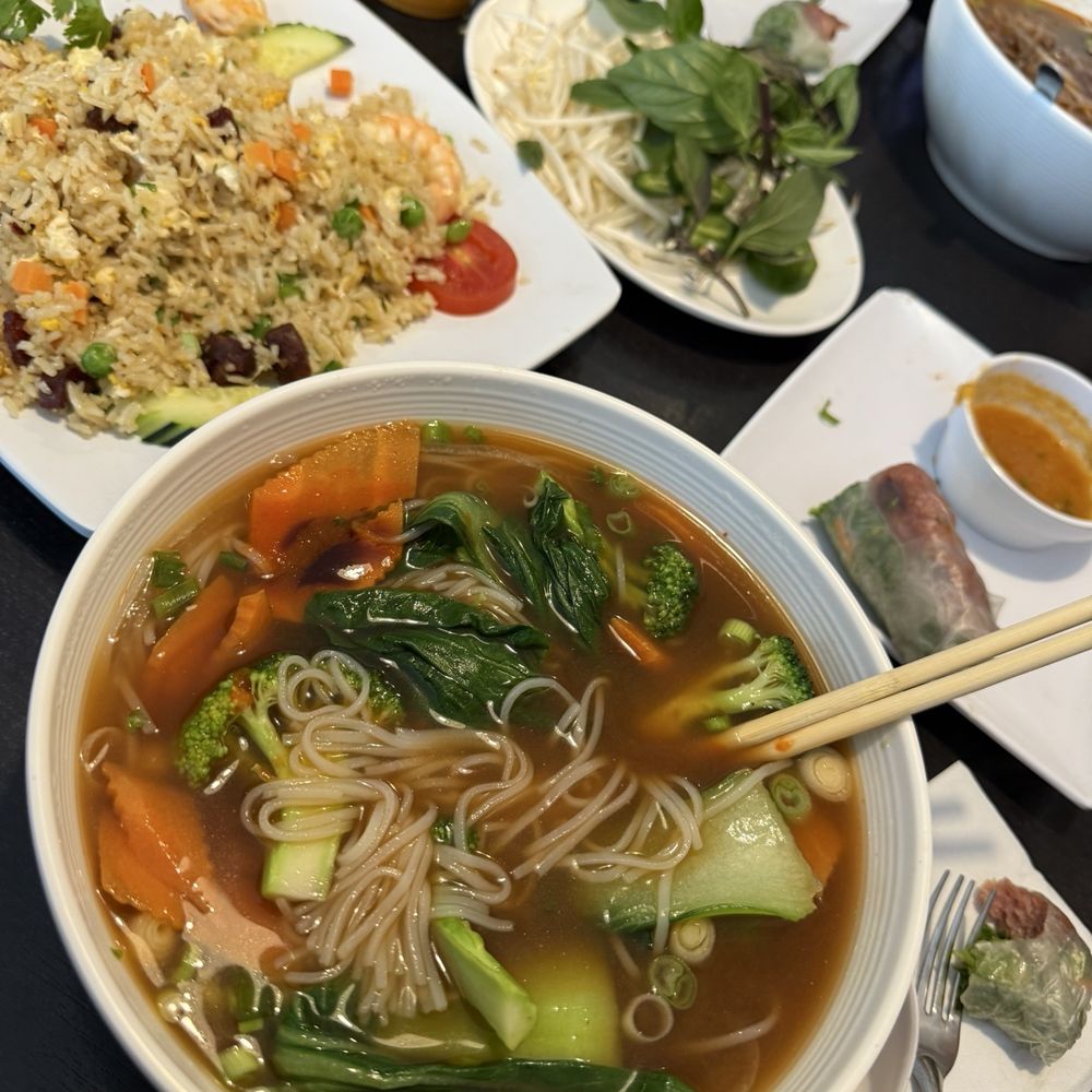 Simply Pho - Veggie pho, combination fried rice, bbq pork spring rolls. Brisket pho and Thai iced tea - Noodles Near Me - Orange, California Simply Pho - Veggie pho, combination fried rice, bbq pork spring rolls. Brisket pho and Thai iced tea - Noodles Near Me - Orange, California