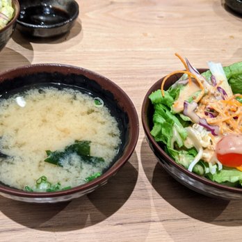 Shoshaku - Miso soup and salad with sesame dressing. Love this dressing. Both come with any entree order. - Sushi Bars Near Me - Great Neck, New York