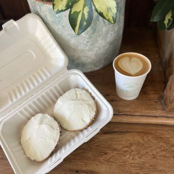 Mother Dough Bagels - Everything bagel with sea salt spread and a vanilla oat latte - Bagels Near Me - Santa Barbara, California Mother Dough Bagels - Everything bagel with sea salt spread and a vanilla oat latte - Bagels Near Me - Santa Barbara, California