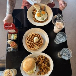 24 Hash at the top. Side of waffle in the middle. Breakfast burger at the bottom.