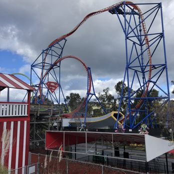 Six Flags Discovery Kingdom - view of superman from the joker line - Amusement Parks Near Me - Vallejo, California Six Flags Discovery Kingdom - view of superman from the joker line - Amusement Parks Near Me - Vallejo, California