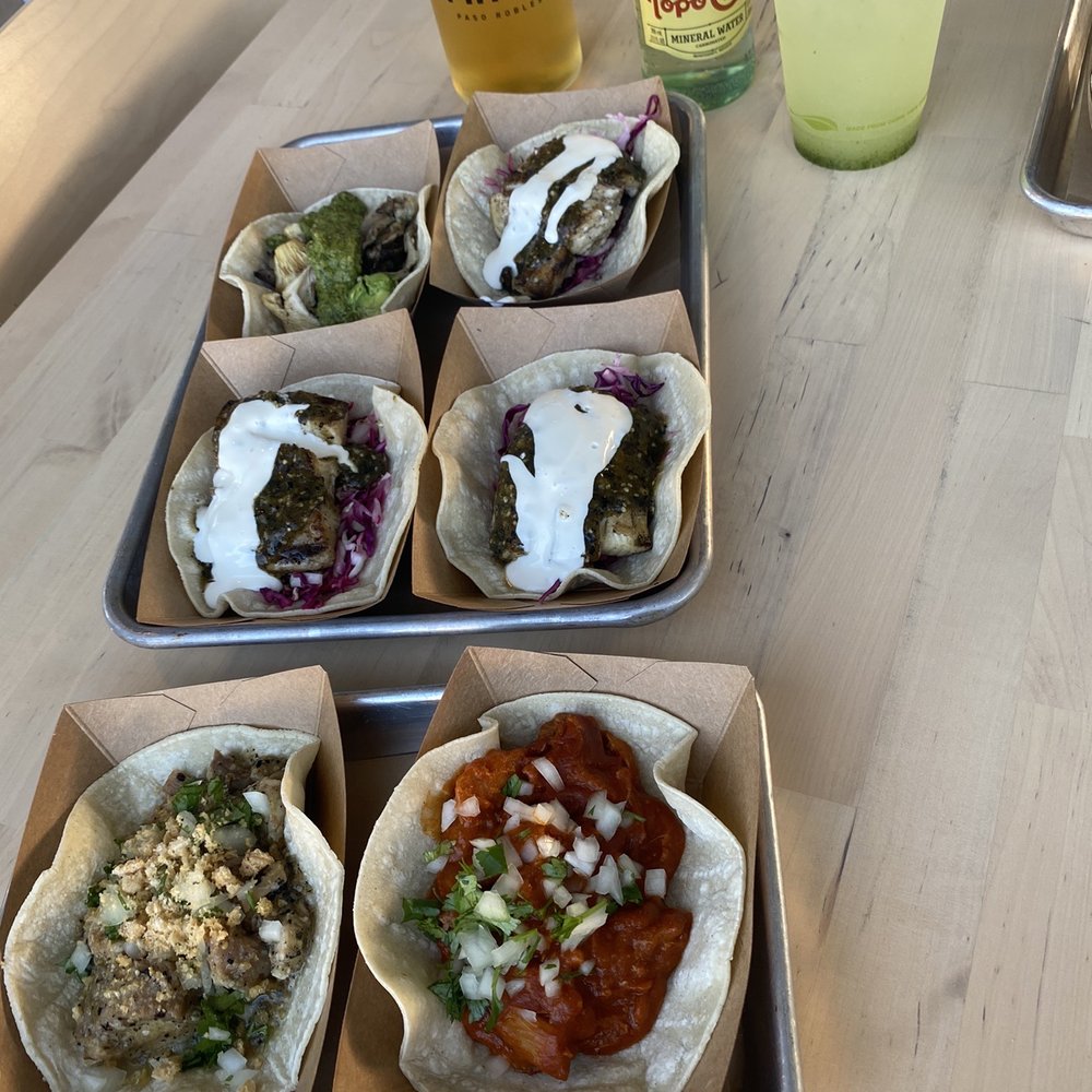 Finca Paso Robles - Pork belly Chile verde taco, chicken taco, 3 halibut tacos, veggie taco - Mexican Near Me - Paso Robles, California Finca Paso Robles - Pork belly Chile verde taco, chicken taco, 3 halibut tacos, veggie taco - Mexican Near Me - Paso Robles, California