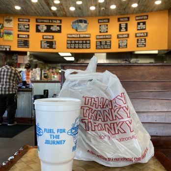 Cabo Bob's Burritos - Steak Burrito in Smoky Cheddar tortilla and MINT tea which is amazing!! - Mexican Near Me - Houston, Texas
