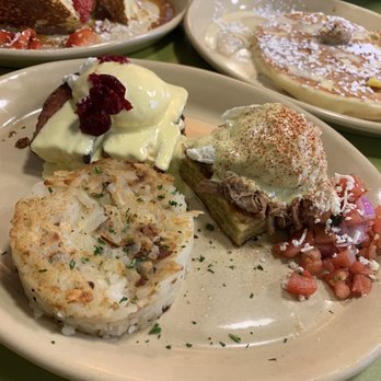 Snooze, an A.M. Eatery - Benny Duo - Habanero Pork Belly & Chile Verde  Pineapple Upside Down Pancake OMG! French Toast - Breakfast & Brunch Near Me - Charlotte, North Carolina