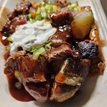 Chadwick's Pit - Smoked n' Loaded Baked Potato with brisket.  So cheesy good too! - Barbeque Near Me - North Plains, Oregon