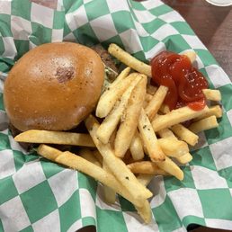 Lamb burger and fries. Lamb burger and fries.