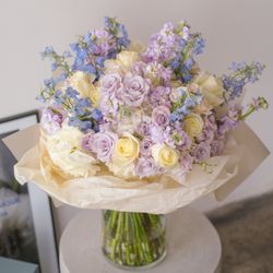 Studio Le Botanique - Cornflower Boy Blue with amethyst and creme roses.
