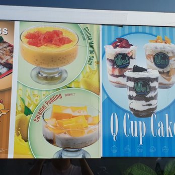 Uni BUBBLE TEA - The image features a menu board with images of desserts like Q Cup Cake, caramel pudding, and mango jelly, along with snacks such as Lemongrass Chicken, Popcorn Chicken, dumplings, and potato chips. - Bubble Tea Near Me - Bradford, Ontario