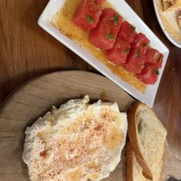 Whipped sheep's cheese and watermelon salad. Both were great.