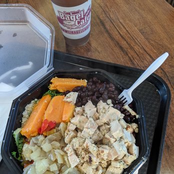 Long Island Bagel Cafe - Grain Bowl with quinoa/kale, black beans, roasted sweet potatoes, sauteed peppers and onions, and the corn salsa is missing... Oh well. - Bagels Near Me - Mineola, New York Long Island Bagel Cafe - Grain Bowl with quinoa/kale, black beans, roasted sweet potatoes, sauteed peppers and onions, and the corn salsa is missing... Oh well. - Bagels Near Me - Mineola, New York