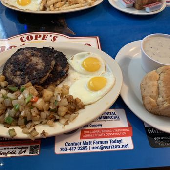 Cope's Knotty Pine Cafe - 2 eggs with sausage, country potatoes & 1 Large Biscuit & Gravy - Breakfast & Brunch Near Me - Bakersfield, California