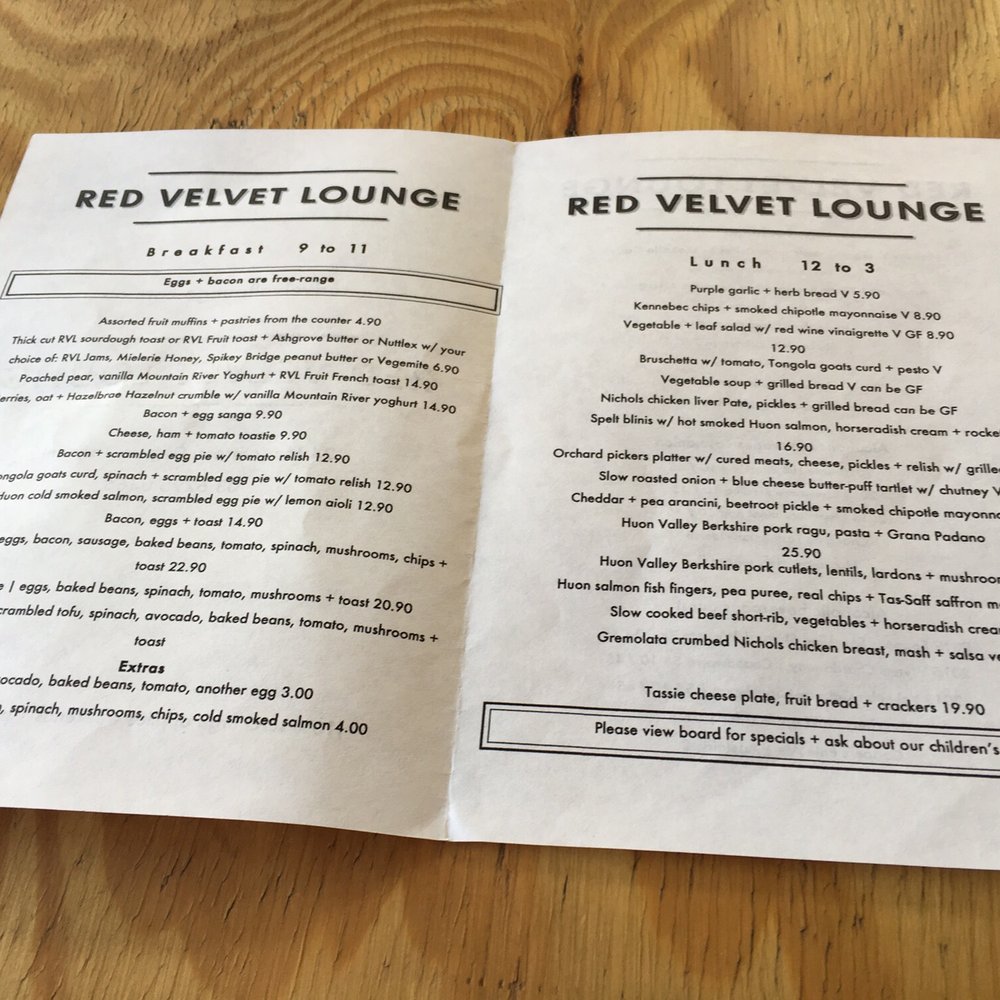 The Red Velvet Lounge - The menu - Coffee & Tea Near Me - Cygnet, TAS