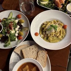 Tomato soup Pesto pasta Greek salad