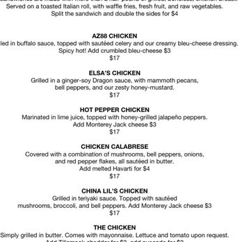 AZ88 - Screenshot of their menu with a $17 sandwich - American Near Me - Scottsdale, Arizona